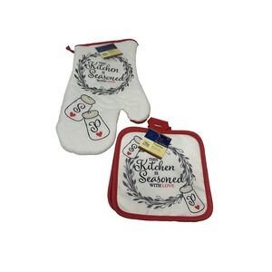 home collection 1‎ oven mitt 2 pot holds KITCHEN SEASONED WITH LOVE